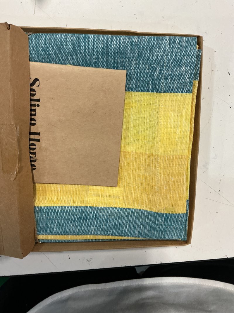 Condition photo showing New/Like New for solino home linen cloth placemats set of 4 - cabana stripe 100% pure linen aqua and white farmhouse placemats 14 x 19 inch for spring, summer aqua & white 14" x 19" (set of 4)