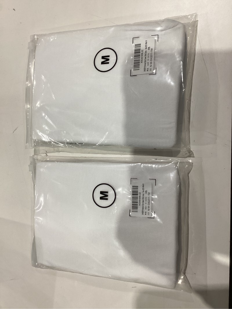 Condition photo showing New/Like New for SANDERY Womens Short Sleeve T Shirts Asymmetrical Neck Slim Fitted Ribbed Knit Trendy Basic Summer Tops 2025 White Small