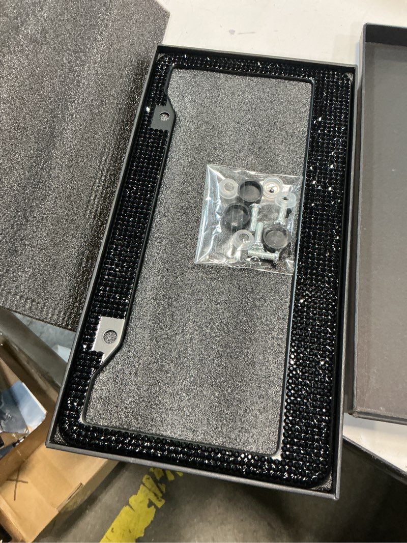 Condition photo showing New/Like New for bling license plate frames with high end ribbon gift box,2 pack rhinestone license plate frame,handcrafted crystal premium stainless steel bling license plate frame for women,party,birthday,xms gift black
