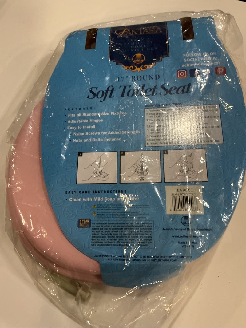 Condition photo showing As Is for soft standard vinyl toilet seat, tea rose - 17 inch soft vinyl cover with comfort foam cushioning - fits all standard size fixtures - easy to install fantasia by achim home decor