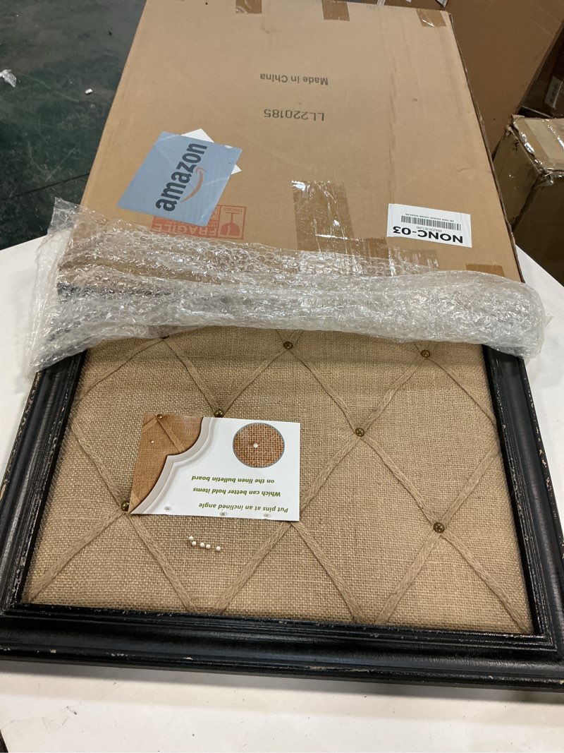 Condition photo showing Good Condition for Vision Board Linen Bulletin Board Black Frame, 21"×27" Pin Boards Large Cork Boards for Walls, Rustic Message Board Decorative Memo Boards, Wall Mounted Display Picture Board for Home Office Decor 20.7"×1"×26.8" Black