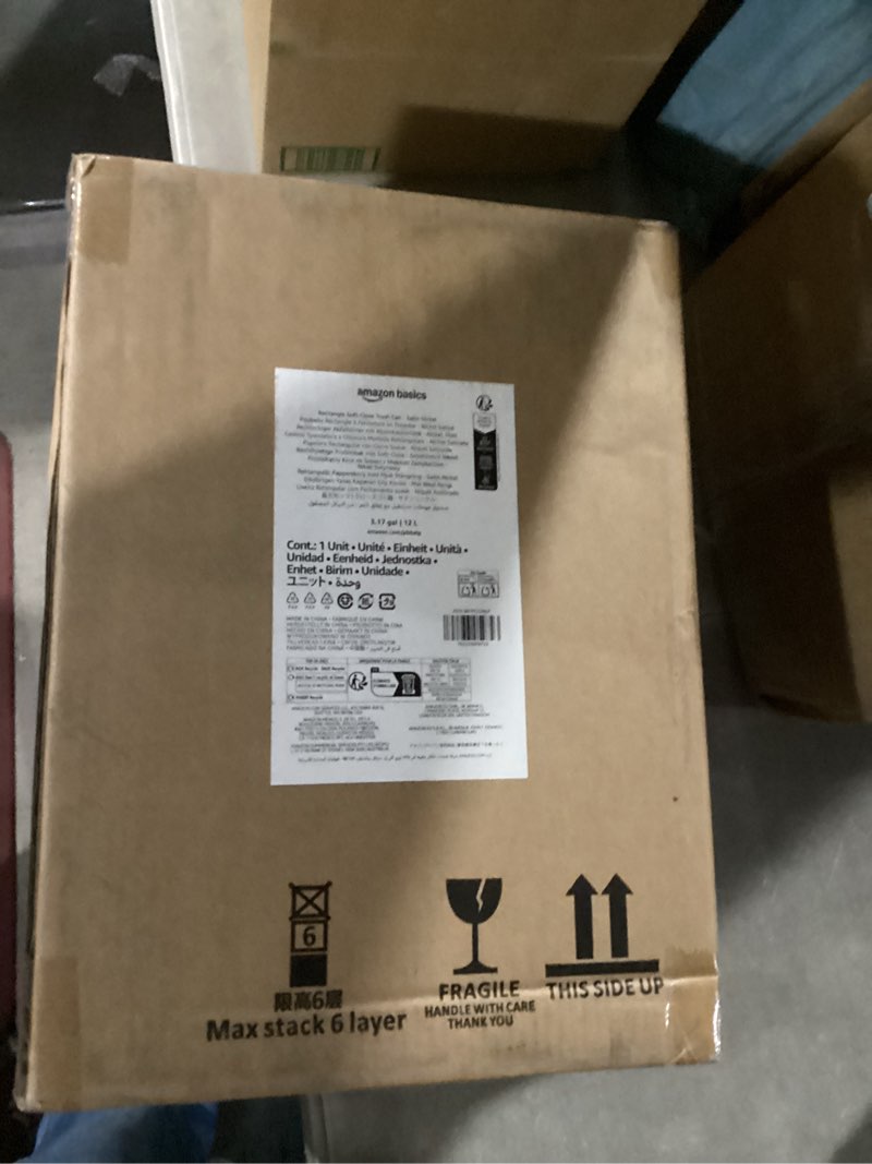 Condition photo showing New/Like New for amazon basics smudge resistant small rectangular trash can with soft-close foot pedal, brushed stainless steel, 12l/3.2 gal, 11.3x9.9x15.1 in, satin nickel finish satin nickel small, 12l/3.2 gal