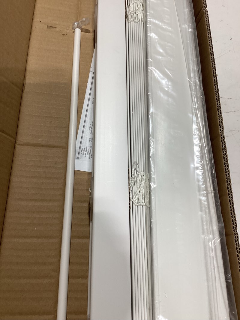 Condition photo showing As Is for 2\" faux wood blinds with crown valance 35\" w x 54\" h, white | cordless window blinds for indoor windows, 2\" faux wooden blinds for home or office, venetian blinds white 35\"w x 54\"h