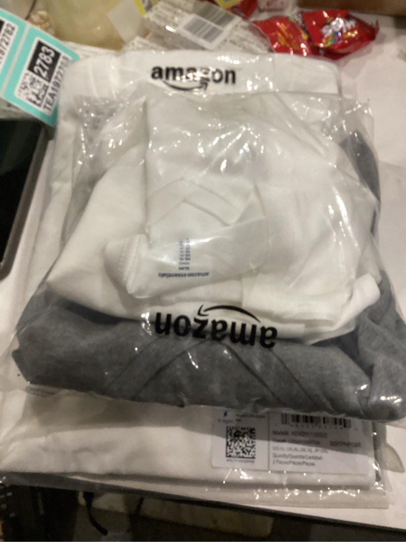 Condition photo showing New/Like New for Amazon Essentials Men's Cotton Regular-Fit Short-Sleeve Crewneck T-Shirt, Pack of 2 X-Large Grey Heather/White
