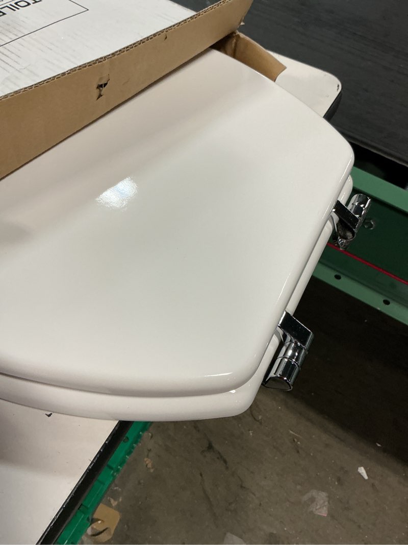 Condition photo showing As Is for elongated white toilet seat natural wood toilet seat with zinc alloy hinges, easy to install also easy to clean, scratch resistant by angol shiold (elongated, white)