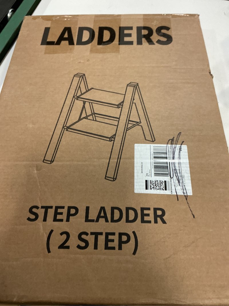 Condition photo showing New/Like New for 2-step aluminum ladder,lightweight folding step stool with extra-wide anti-slip steps,330 lbs capacity,compact space-saving design for home,kitchen and office?white&woodgrain? white&woodgrain 2 step