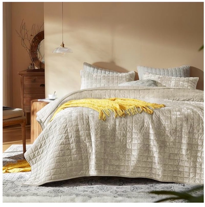 LEAONME Velvet Quilt California King-118''x106'', Lightweight Beige Velvet Comforter Set with 2 Pillow Shams, Soft Oversized Bedspread Coverlet Quilted Bedding Set for All Season