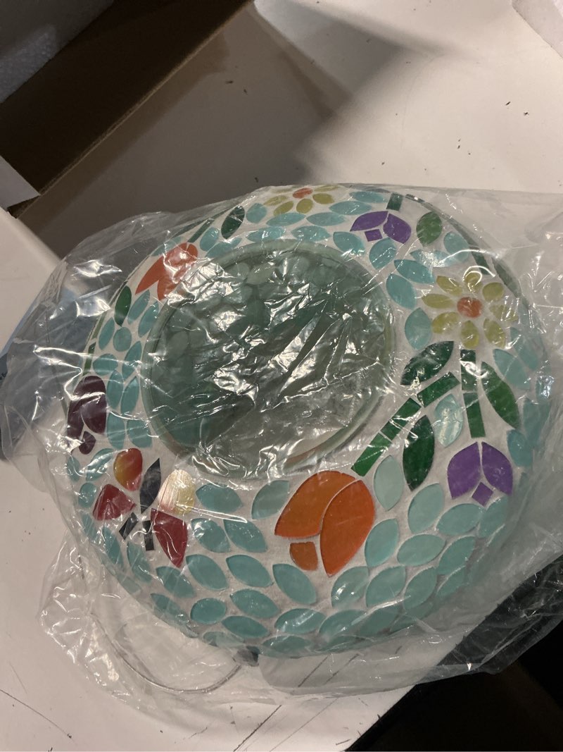 Condition photo showing New/Like New for savenna mosaic glass hanging bird feeder, 8 inch handcrafted outdoor feeder with steel wire rope, decorative garden & patio feeder for wild birds, colorful floral mosaic design butterfly