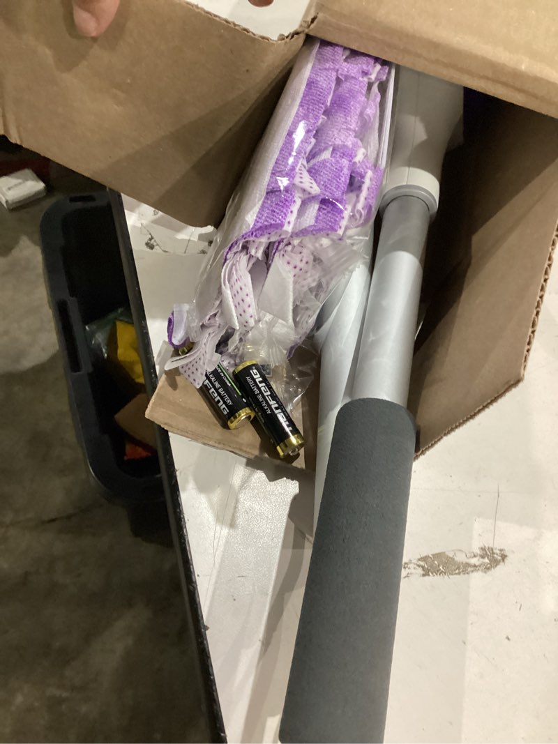 Condition photo showing As Is for swiffer powermop mopping kit for floor cleaning, set includes 1 power mop, 2 replacement pads, 1 liquid solution refill, 2 batteries, no bucket needed electric spray cleaner, multi-surface and wood purple and white