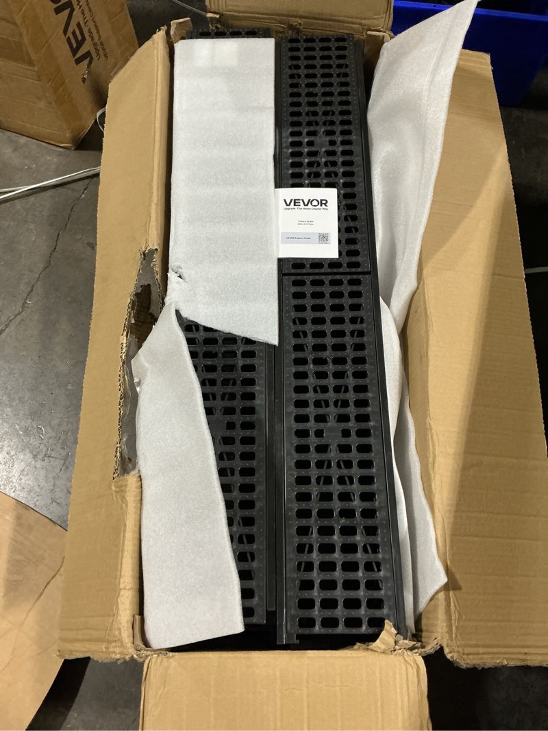 Condition photo showing New/Like New for vevor trench drain system 4 pack, channel drain with plastic grate 5.9 x 7.5 in hdpe drainage trench, black plastic garage floor waterway 4 x 39 in with 4 end caps for garden driveway black 5.9×7.5in 4