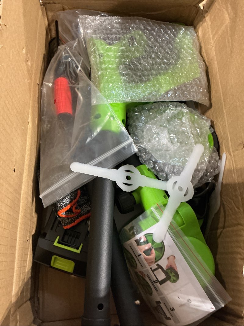 Condition photo showing Good Condition for cordless weed wacker with 2 batteries, 21v cordless weed eater | 4 type replacement blades, wheels, adjustable handle, 2×2600mah batteries, charger accessory storage pouch for yard garden