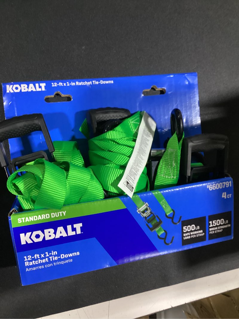 Condition photo showing As Is for kobalt 1-in x 12-ft ratcheting strap tie down with s-hook 1500-lb break strength (4-pack)