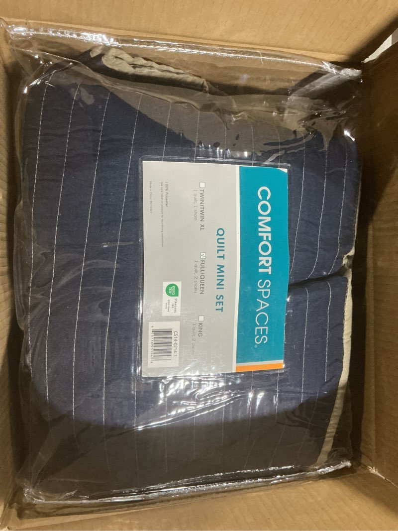Condition photo showing Good Condition for comfort spaces quilt set trendy casual fun, vibrant color design, hypoallergenic all season, lightweight coverlet bedspread cozy kids bedding & sham full/queen verone white blue stripe 3 piece full/queen blue