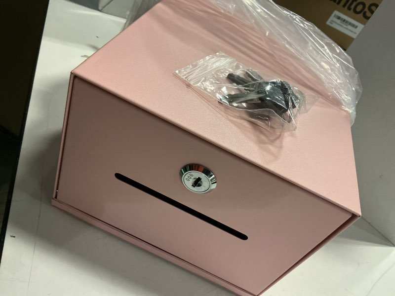 Condition photo showing Good Condition for Metal Donation Box with Lock 6.7 x 5 x 8 Inch Safe Ballot Suggestion Box with Sign Holder and Slot Tip Jar Voting Collection Raffle Mailbox for Voting Fundraising Collection(Pink)