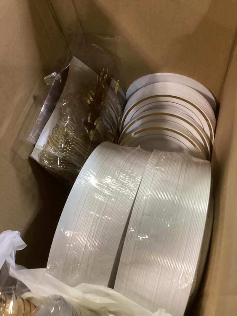 Condition photo showing Good Condition for goodluck 700 pieces gold dinnerware set for 100 guests, disposable for party, include: 100 gold rim dinner plates, 100 dessert plates, 100 paper napkins, 100 cups, 100 plastic silverware set gold 100 guests