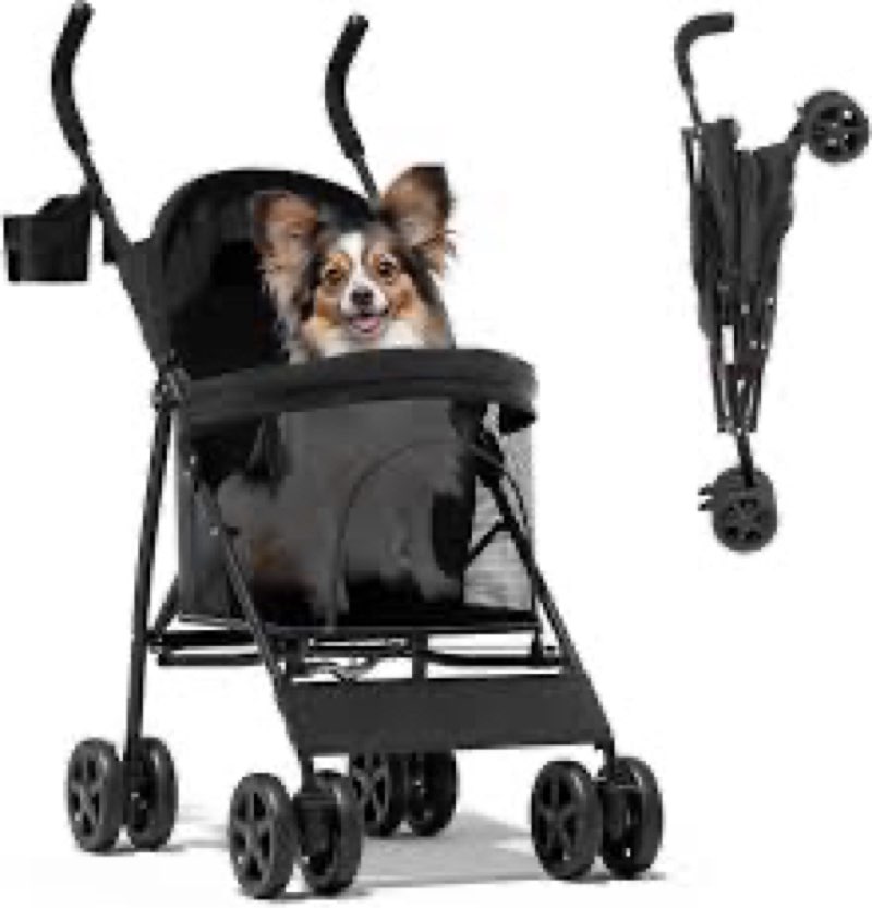 Dog Stroller, 4-Wheel Foldable Pet Stroller for Small/Medium Dogs Up to 35 Lbs, with Cup Holder/Stor