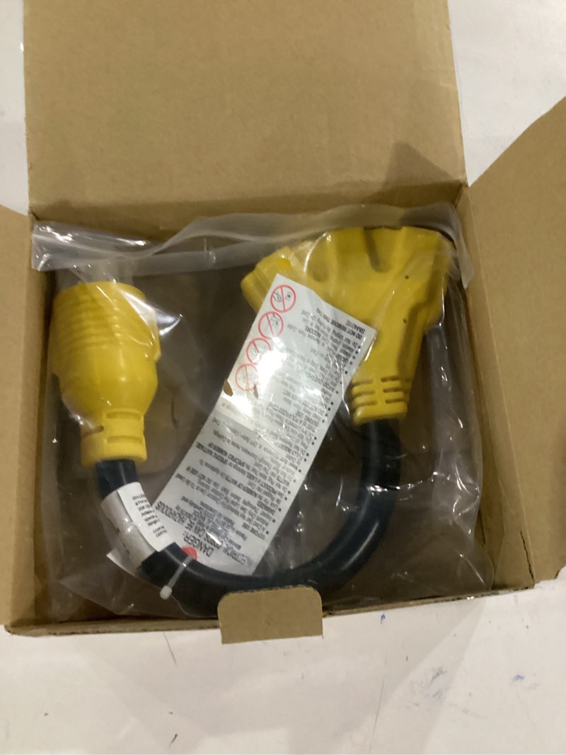 Condition photo showing New/Like New for 30 amp to 110v generator adapter - nema l5-30p male to 3 of 5-20r/5-15r female, 3-prong twist lock plug with etl listed, heavy-duty 1ft power adapter plug cord for rv, household, outdoor use