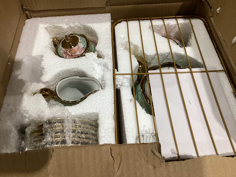 Condition photo showing Good Condition for 22 Pcs Gold Plated Vintage Floral Porcelain Tea Set for Adults with Metal Holder Elegant European Ceramic Tea Party Set Cup for Women Fancy Porcelain Coffee Cup Serving 6 People(Cyan Flower)