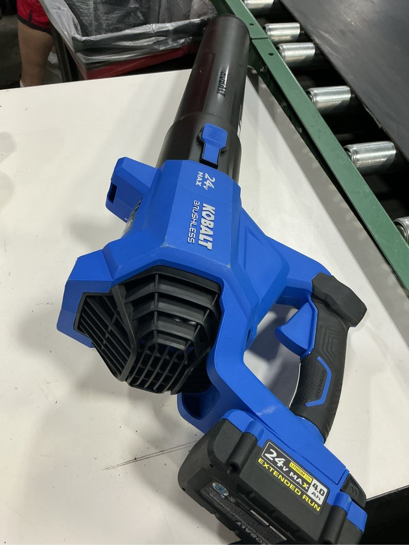 Condition photo showing As Is for kobalt 24v 500-cfm 120-mph cordless battery handheld leaf blower battery and charger not included