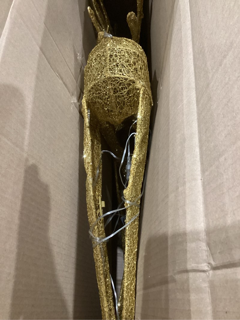 Condition photo showing As Is for (Only deer included)  Sweetcrispy 4 FT Lighted Christmas Reindeer & Santa Sleigh Set, Family Outdoor Indoor Xmas Pre-Lit Yard Decoration w/ 180 LED Lights, Holiday Deer & Sled for Garden Lawn Patio Display, Gold-Red