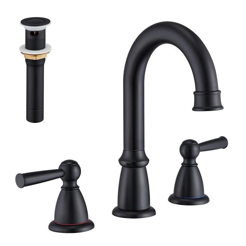 Widespread Bathroom Faucet for Vanity, for Bathroom Sink, 3 Hole Black, with Pop Up Drain & Hoses