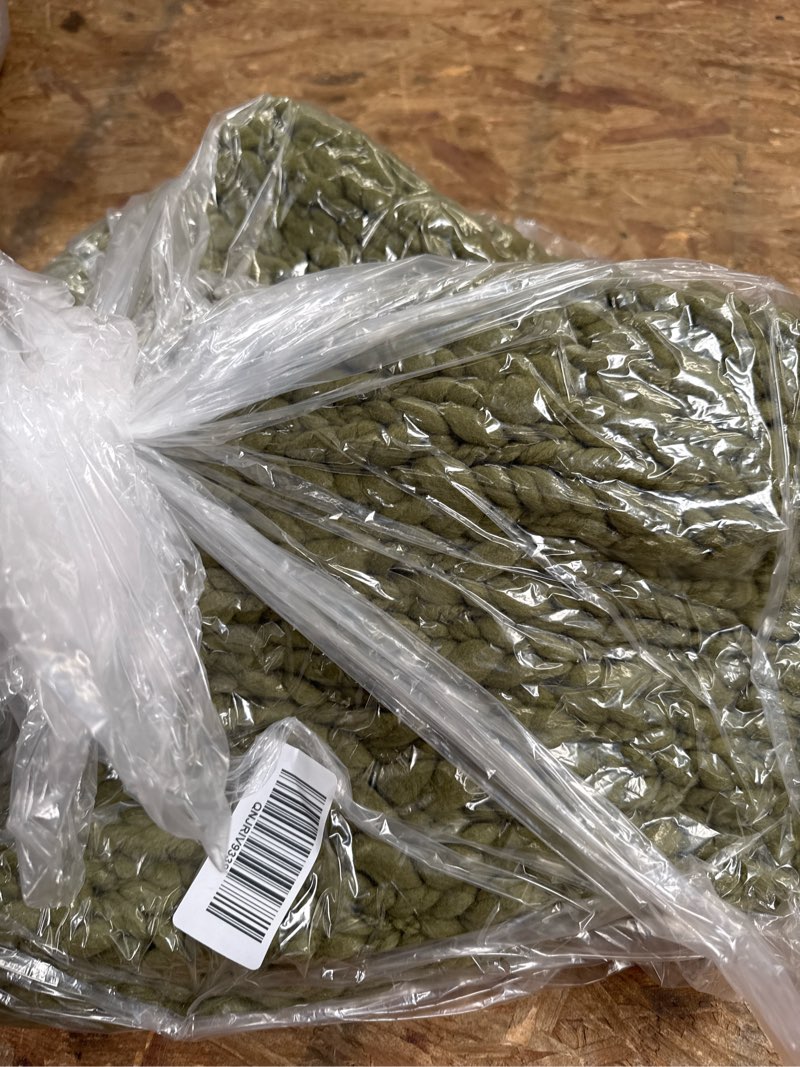 Condition photo showing Good Condition for chunky hand knit wool throw, 50x60, olive