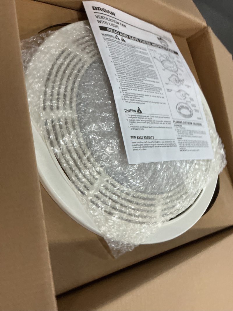 Condition photo showing New/Like New for broan-nutone 750 round fan and light combo for bathroom and home, white grille with glass lens, 100-watts, 3.5 sones, 100 cfm