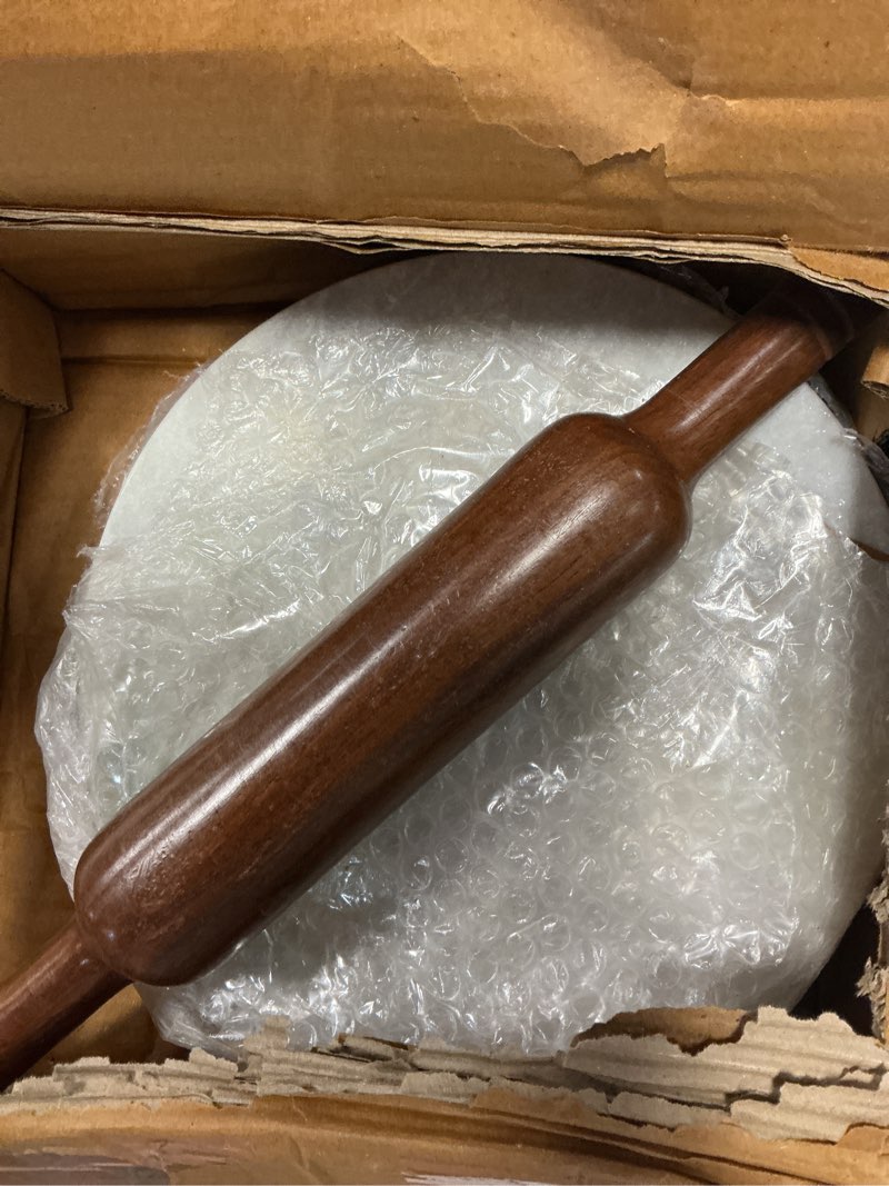 Condition photo showing Good Condition for natural marble rolling board and wooden rolling pin set, 10 inch round marble chakla belan for roti, chapati, pizza dough, pastry and baking, stone rolling surface for kitchen 10 inches