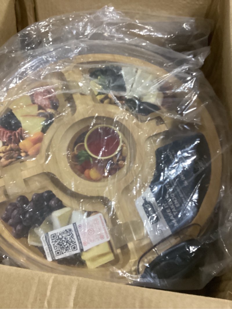 Condition photo showing As Is for farberware build-a-board cutting board with five compartments and clear locking lid for charcuterie, snacks, and more, bamboo black 5 compartment