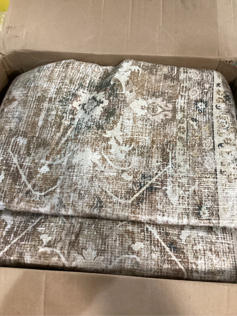 Condition photo showing Good Condition for Washable 2x3 Entryway Rug, Boho Non-Slip Door Mat Vintage Distress Small Rugs for Kitchen Nursery Office Bedroom, 0.3" Neutral Oriental Throw Carpet with Cushioning Pad, Brown/White/Multi Brown/White/Multi 2x3