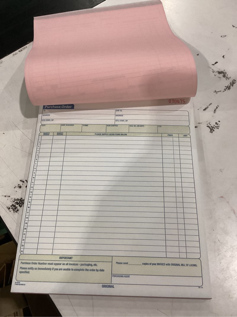 Condition photo showing Good Condition for tops purchase order book, 3-part, carbonless, 8-3/8 x 10-3/16 inches, 50 sets per book (46147)