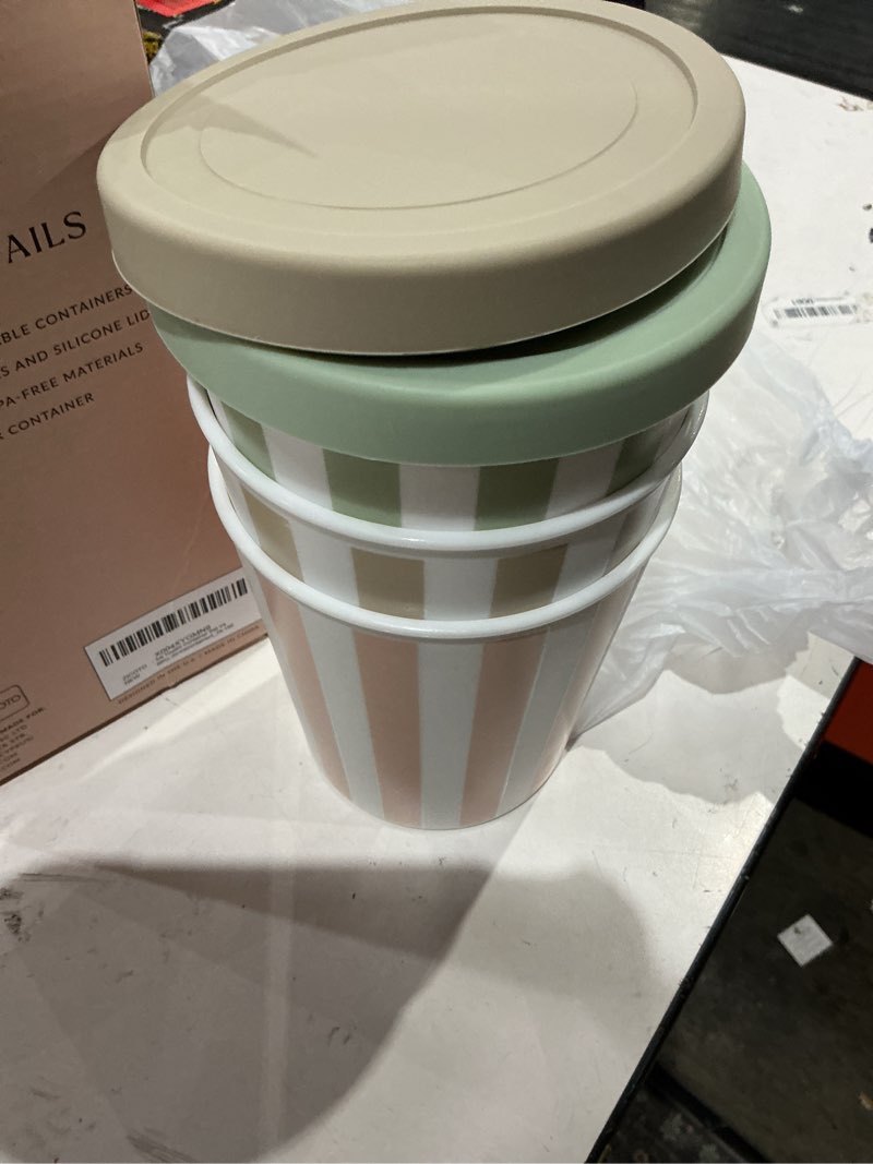 Condition photo showing As Is for zicoto set of 3 reusable ice cream containers 1 quarts ea. - perfect for homemade sorbet, frozen yogurt or gelato - stackable storage pint containers, stickers and lids stores easily in freezer pastel stripes