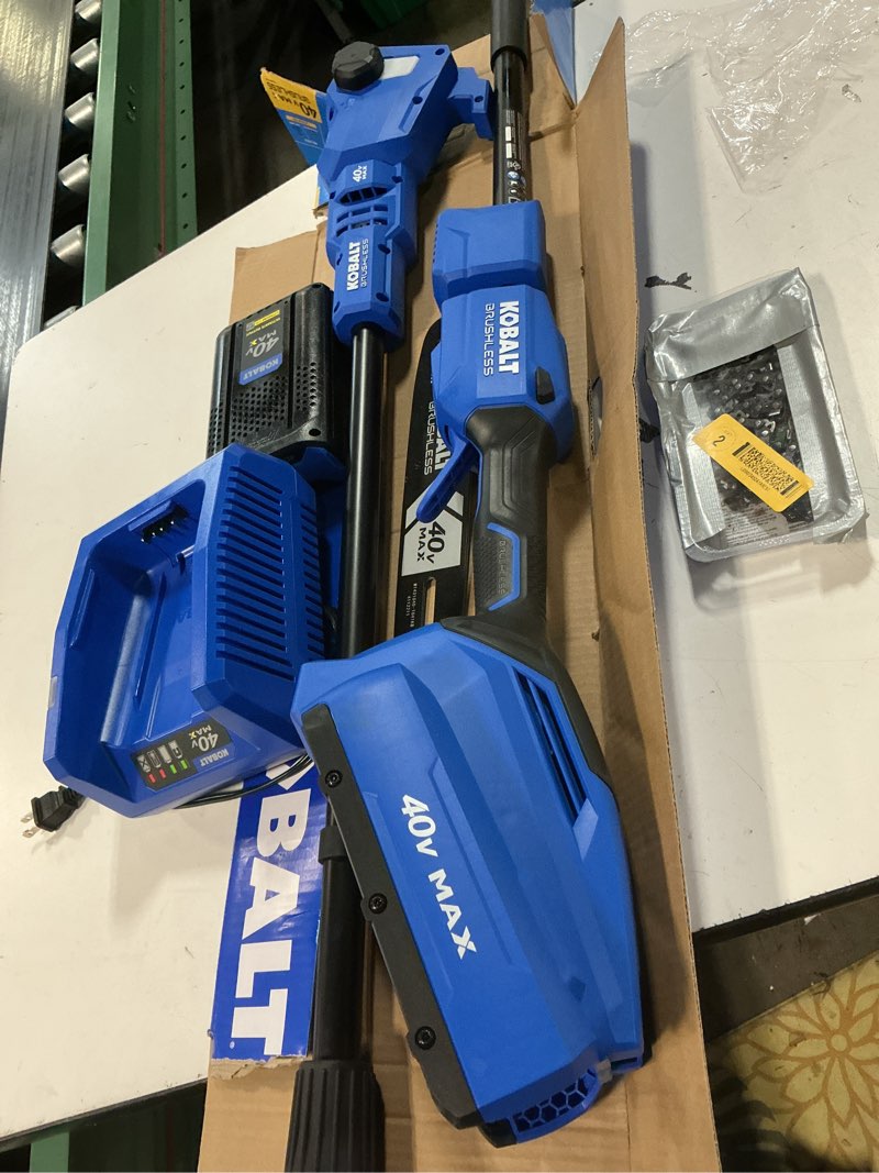Condition photo showing As Is for kobalt gen4 40-volt 10-in 2 ah battery pole saw (battery and charger included)