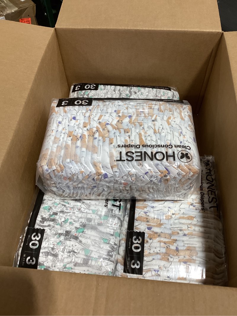 Condition photo showing Good Condition for The Honest Company Comfort Dry Disposable Diapers for Sensitive Skin, Hypoallergenic, Space Travel + It's a Pawty, Super Club Box Size 3, (16–28 lbs), 120 Count Size 3 (120 Count) Space Travel + It's a Pawty