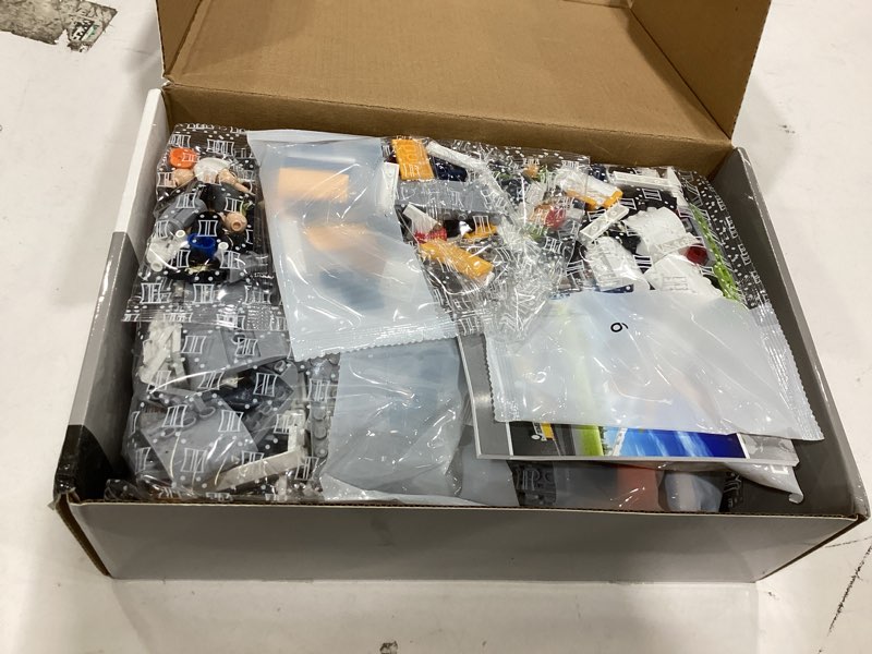 Condition photo showing New/Like New for airplane building set, city airport passenger plane toy, compatible with lego plane, with an airplane, control tower, terminal, baggage cart, 8 minifigures airplane with terminal