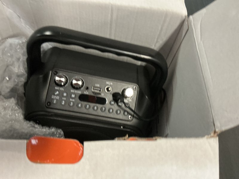 Condition photo showing As Is for karaoke machine, portable bluetooth speaker with 2 wireless microphones for adults & kids with lights, karaoke microphone with pa system supports usb/tf/fm/aux for home party home system packages black