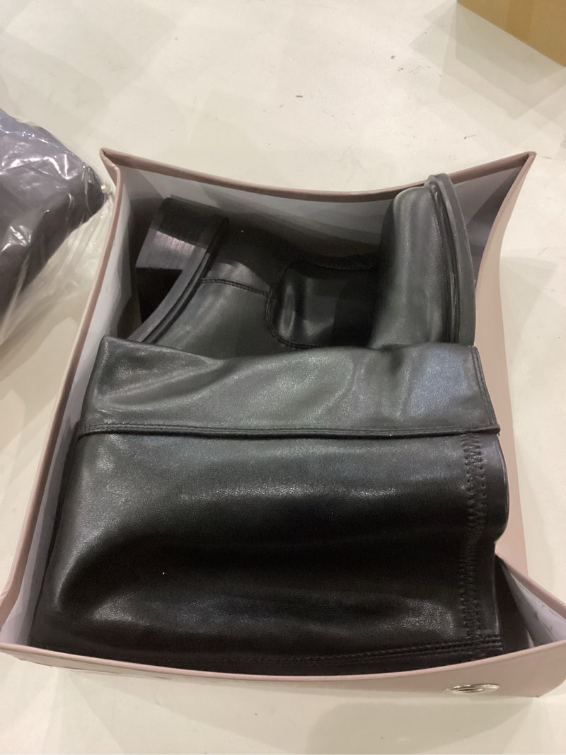 Condition photo showing Good Condition for Knee High Boots Women Faux Leather Elastic Boots Low Heel Square Toe Side Zipper Fall Long Tall Boots for Women 8 Black