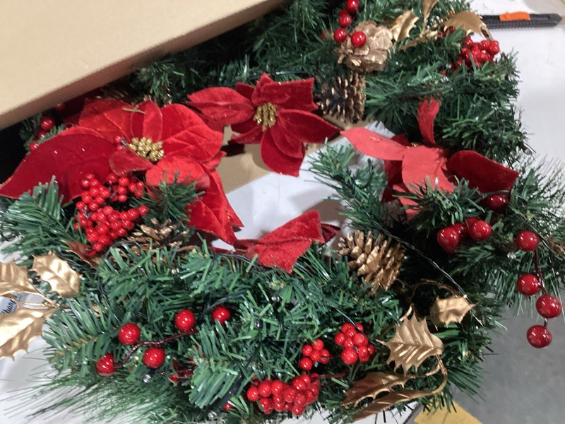 Condition photo showing Good Condition for 24 in christmas-wreath,christmas-wreaths-for-front-door,pre-lit-christmas-decorations door wreath with 50 led lights,poinsettia flowers,artificial indoor/outdoor home decor gift wreath for door mantel