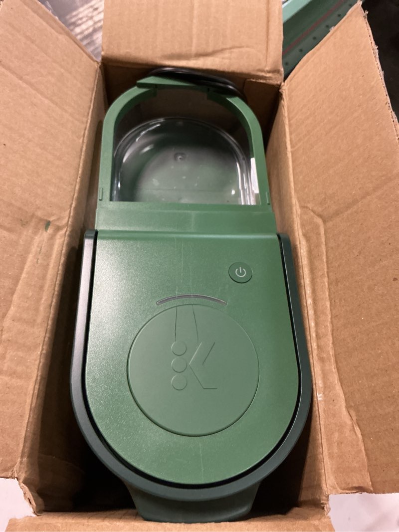 Condition photo showing As Is for keurig k-mini mate single serve k-cup pod coffee maker, brews up to 12 oz cup, compact portable coffee machine for small spaces, great for dorms & offices, glamping green small glamping green
