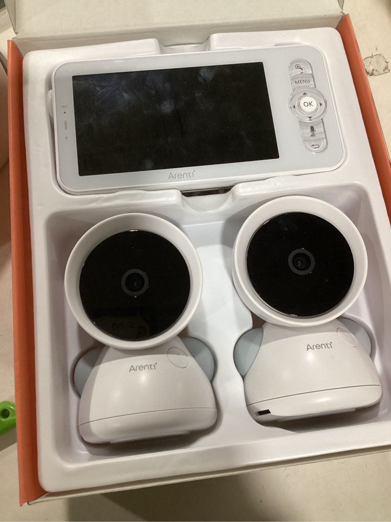 Condition photo showing As Is for arenti baby monitor with 2 cameras, 2k/3mp wifi 6 camera and audio, 5-inch wireless screen, smartphone app, super night vision, crying detection, auto tracking, temp&humidity sensor (d3 set) 2cam 1display