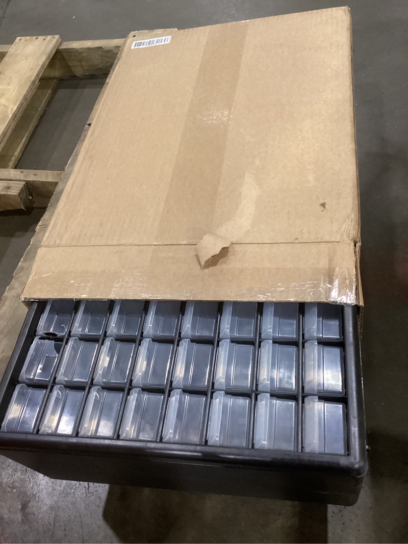 Condition photo showing As Is for SOME DRAWERS CRACKED Akro-Mils 64-Drawer Plastic Drawer Storage Cabinet for Garage Organization, Bead Organizer, Building Bricks Storage, Teacher Toolbox, Makeup Organizer, 20\" W x 6\" D x 16\" H, 10164 Black Black 64 Drawer 1 pack