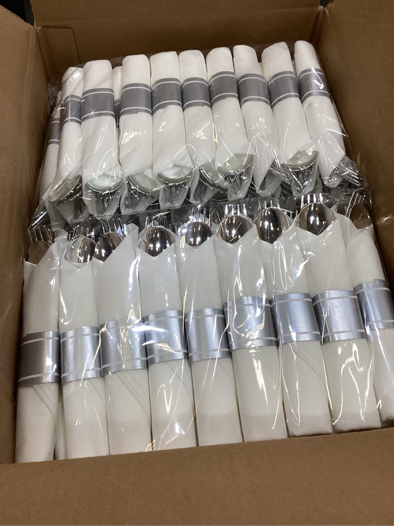 Condition photo showing Good Condition for goodluck 350 piece silver plastic dinnerware set for 50 guests, fancy disposable plates for party, include: 50 dinner plates, 50 dessert plates, 50 pre rolled napkins with silver silverware, 50 cups silver 350 piece (50 guests)