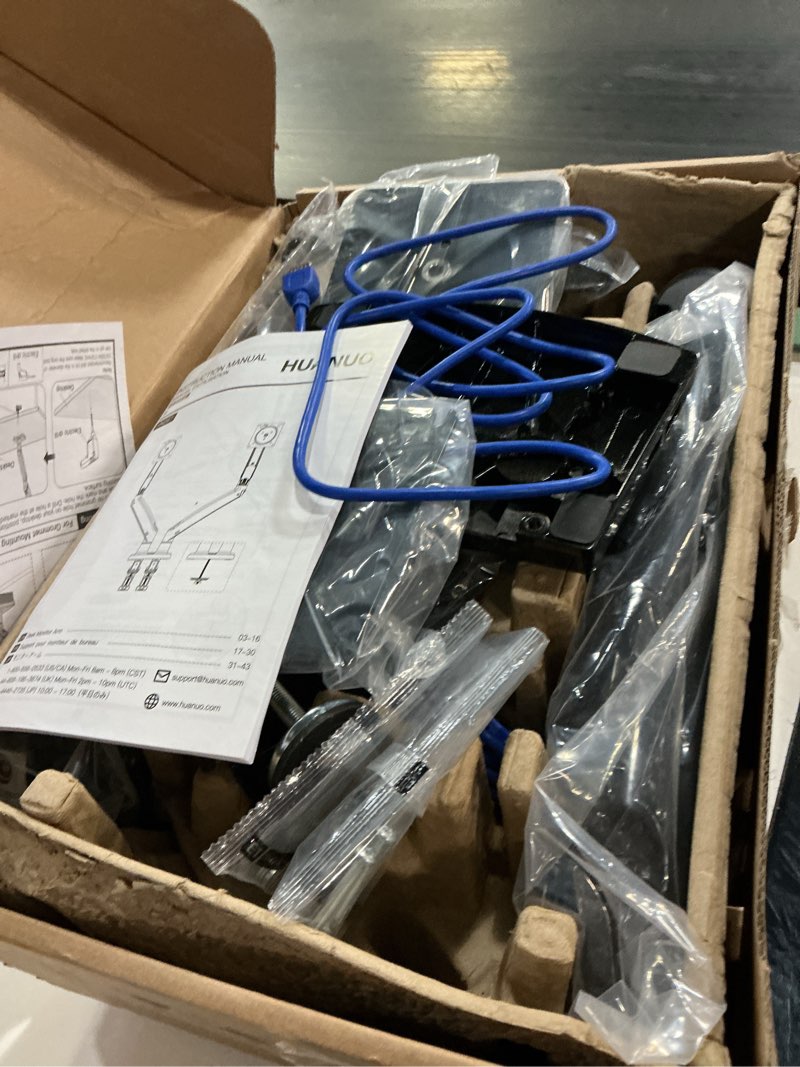 Condition photo showing Good Condition for huanuo nitroglide™ dual monitor stand for 13?–40?, premium dual monitor mount with usb, height adjustable monitor stand for 2 monitors, vesa mount with clamp/grommet base, holds 26.4lbs per arm, hnds7 13-40 inch