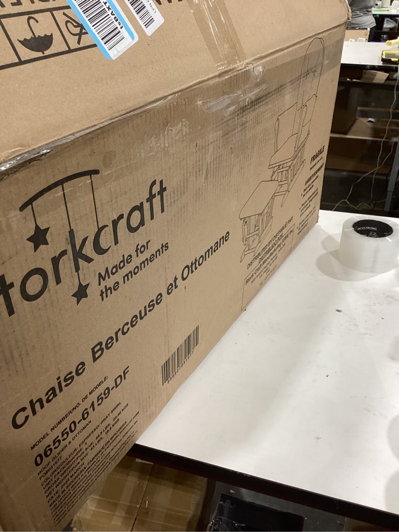 Condition photo showing Good Condition for Storkcraft Premium Hoop Glider & Ottoman (Espresso/Gray Swirl) — GREENGUARD Gold Certified Nursery Glider, Solid Wood Craftsmanship, Smooth-Gliding Nursery Chair and Ottoman, Award-Winning
