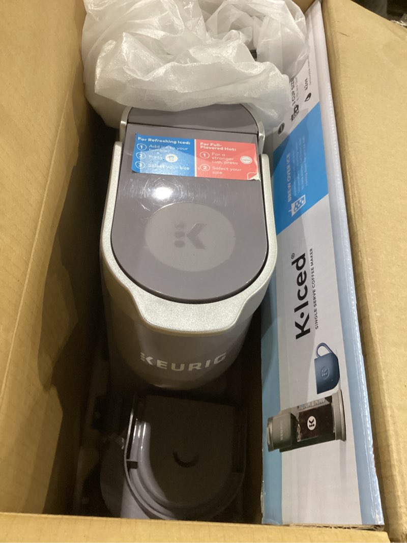 Condition photo showing As Is for not tested ***keurig k-iced coffee maker, single serve k-cup pod iced coffee maker, with hot and cold coffee capabilities, brews any k-cup pod, gray