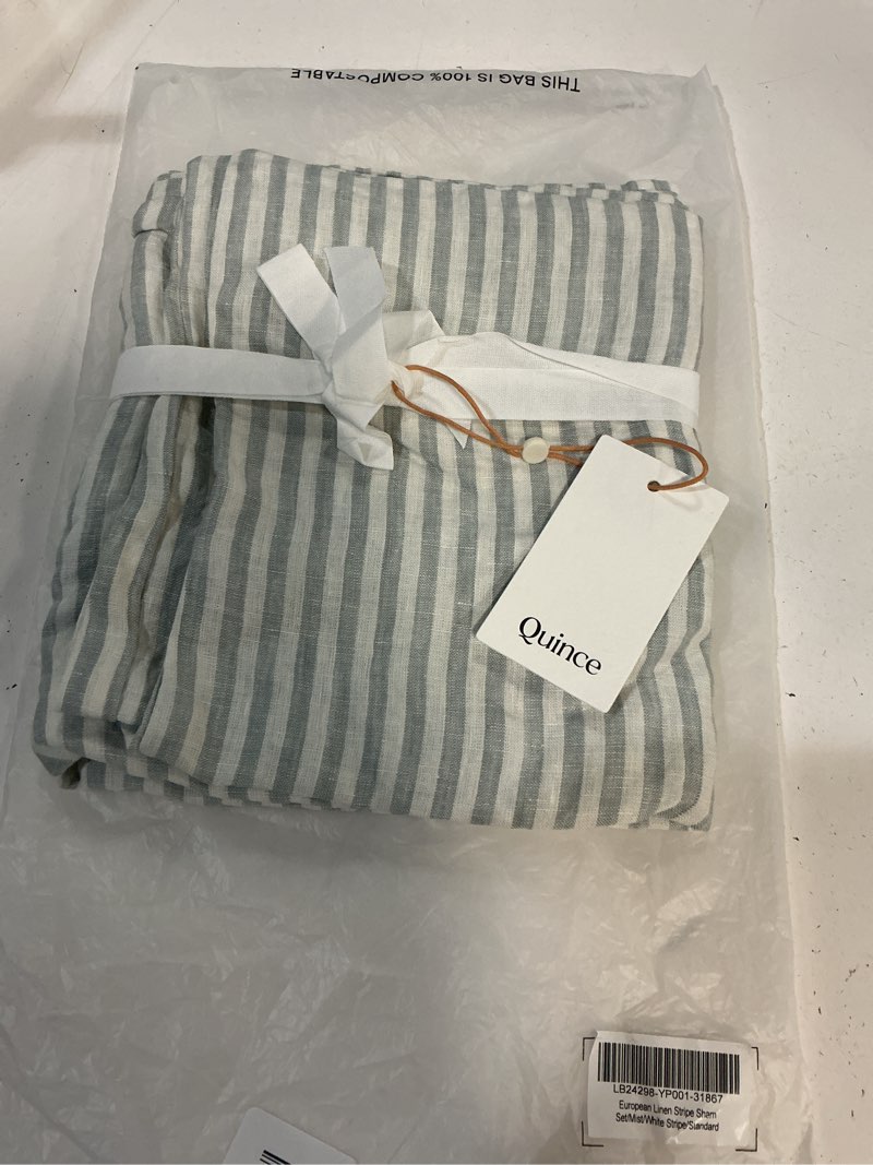 Condition photo showing New/Like New for european linen stripe sham set, mist/white stripe, standard size