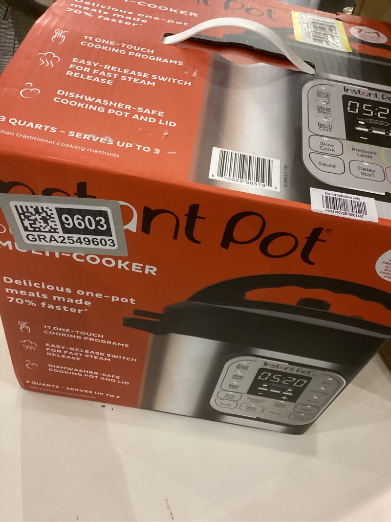 Condition photo showing New/Like New for Instant Pot Duo 7-in-1 Mini Electric Pressure Cooker, Slow Rice Cooker, Steamer, Sauté, Yogurt Maker, Warmer & Sterilizer, Includes Free App with over 1900 Recipes, Stainless Steel, 3 Quart 3 Quarts