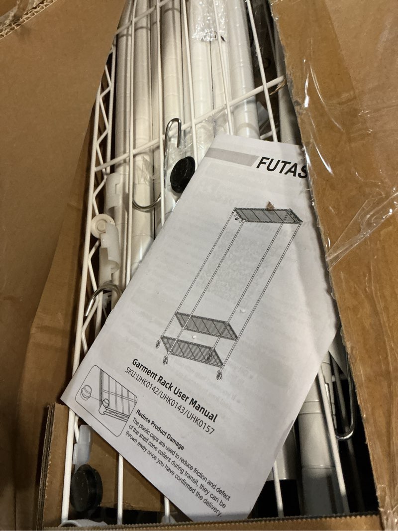 Condition photo showing As Is for FUTASSI P6 Medium Rolling Clothes Rack Heavy Duty, Clothing Racks for Hanging Clothes, Freestanding Garment Rack with Wheels, Portable Closet Rack Max Load 370 LBS, 30''W x 14''D x 77.6''H, White White P6 Medium