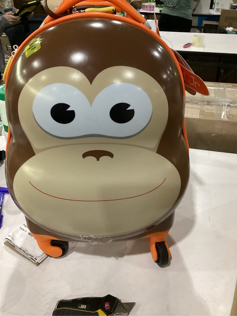 Condition photo showing As Is for rockland jr. kids' my first hardside spinner luggage, telescoping handles, light and dark brown, black and white, carry-on 19-inch 17" monkey