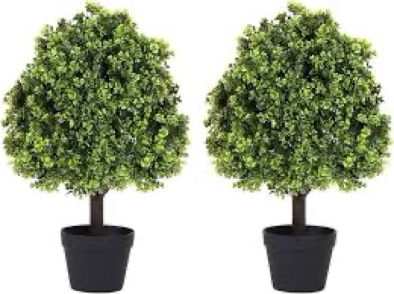 Azoco 27“ Realistic Artificial Boxwood Topiary Trees Set of 2, Faux Boxwood Plants Outdoor UV-Resist